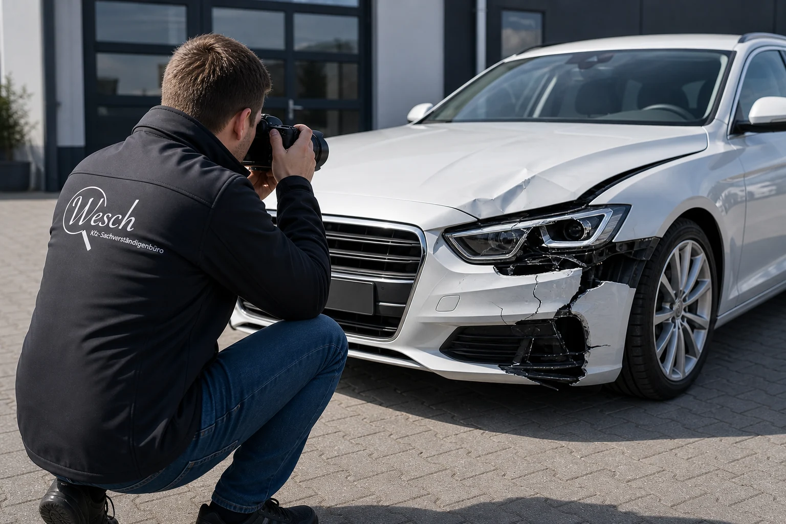 Kfz Gutachter Andreas Wesch dokumentiert einen Unfallschaden an einem modernen Fahrzeug
